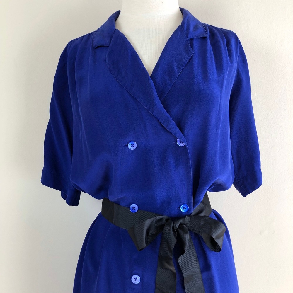 vintage 90s cobalt blue silk shirt dress midi double breasted minimalist - Picture 7 of 10